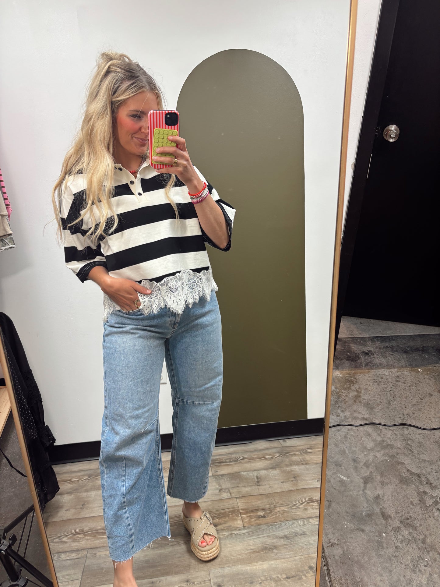 Polo Match Stripe Lace Top
