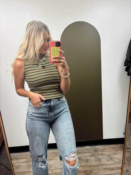 Dorothy Mock Neck Stripe Top (Olive)