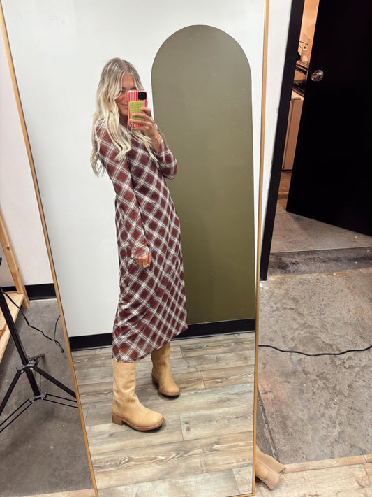 Sheer Plaid Maxi Dress (Rust)