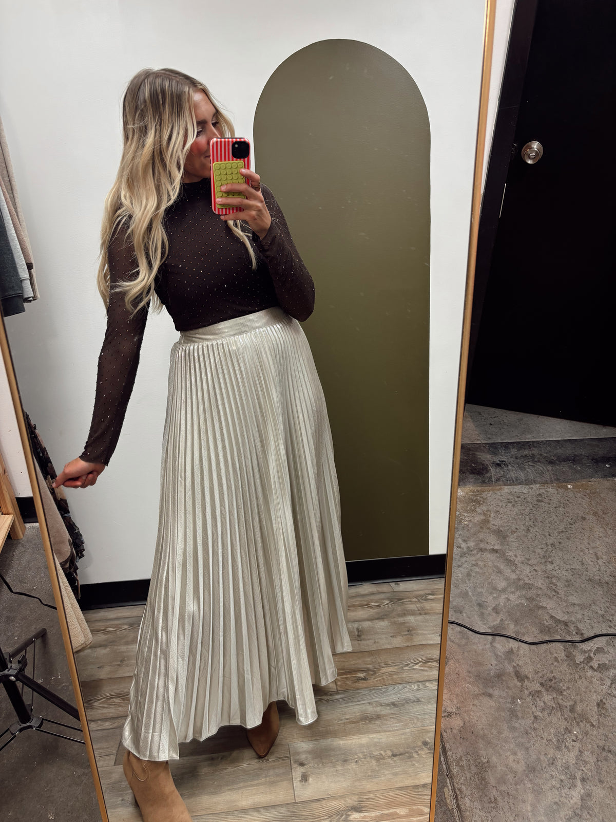 Mila Embellished Mock Neck Top (Brown)