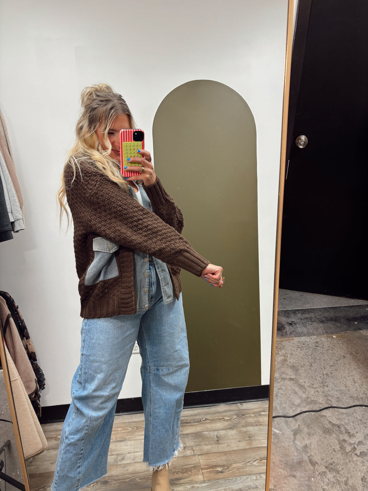 Mix Media Cable Knit Jacket (Brown)