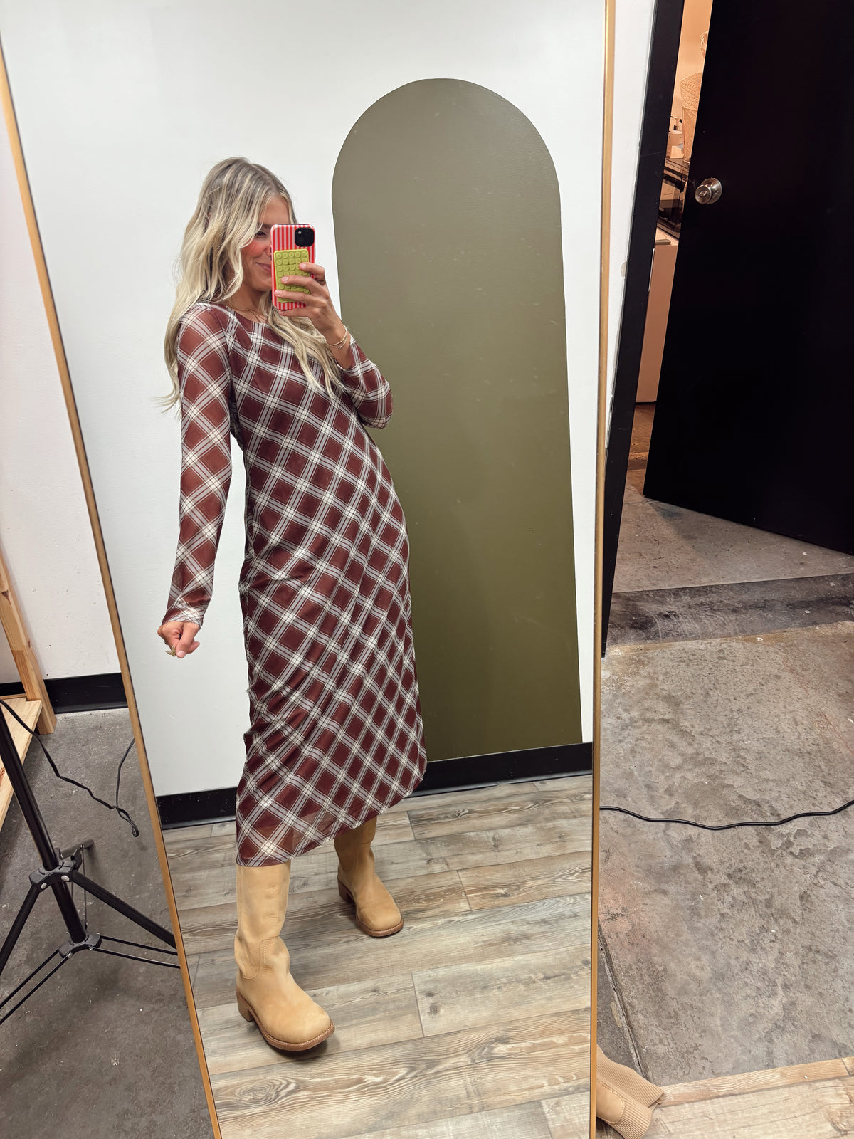 Sheer Plaid Maxi Dress (Rust)