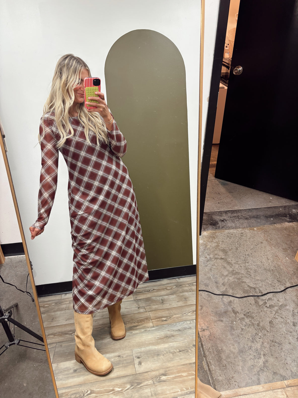 Sheer Plaid Maxi Dress (Rust)