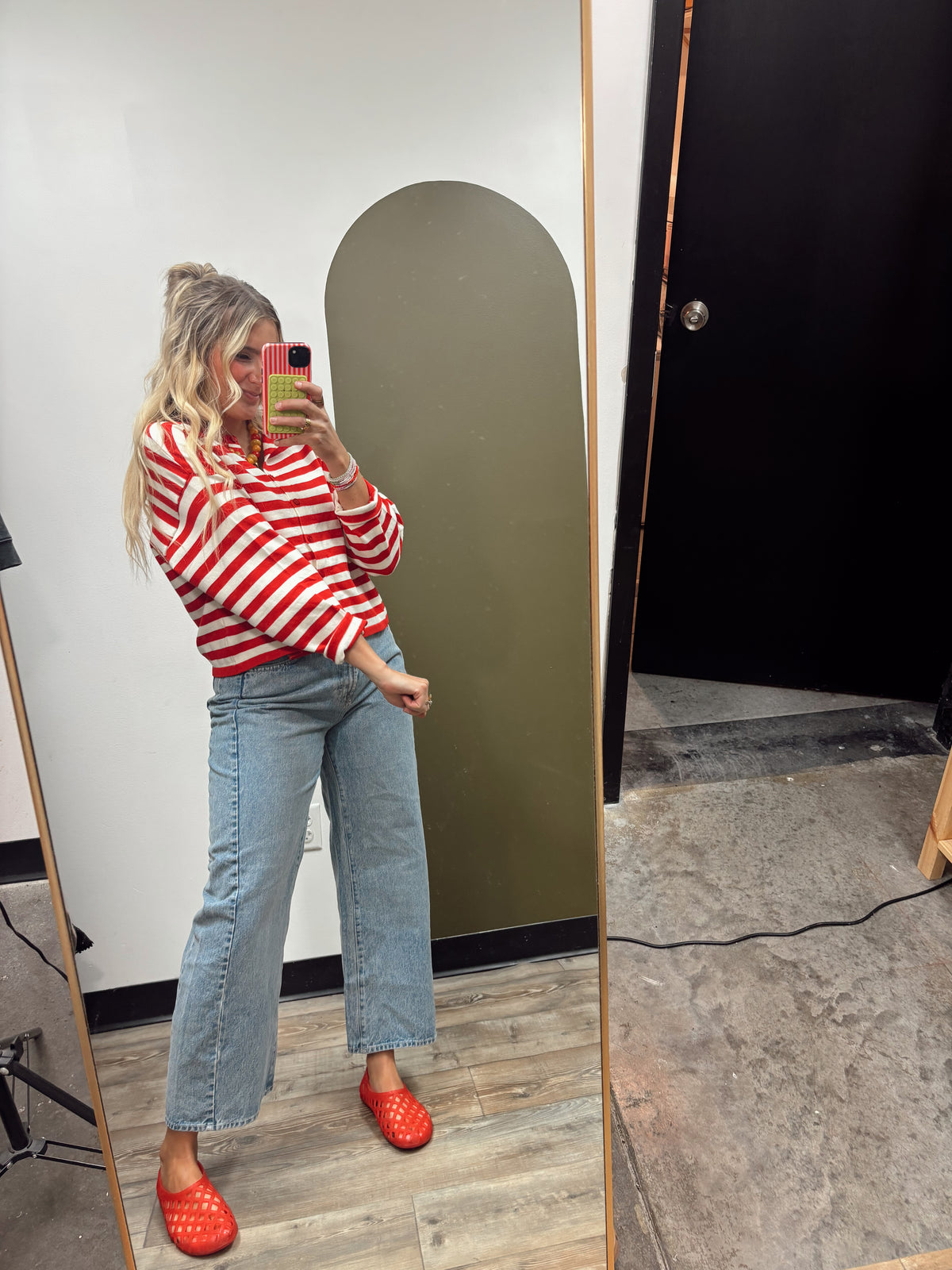 Clare Button Stripe Cardigan (Red)