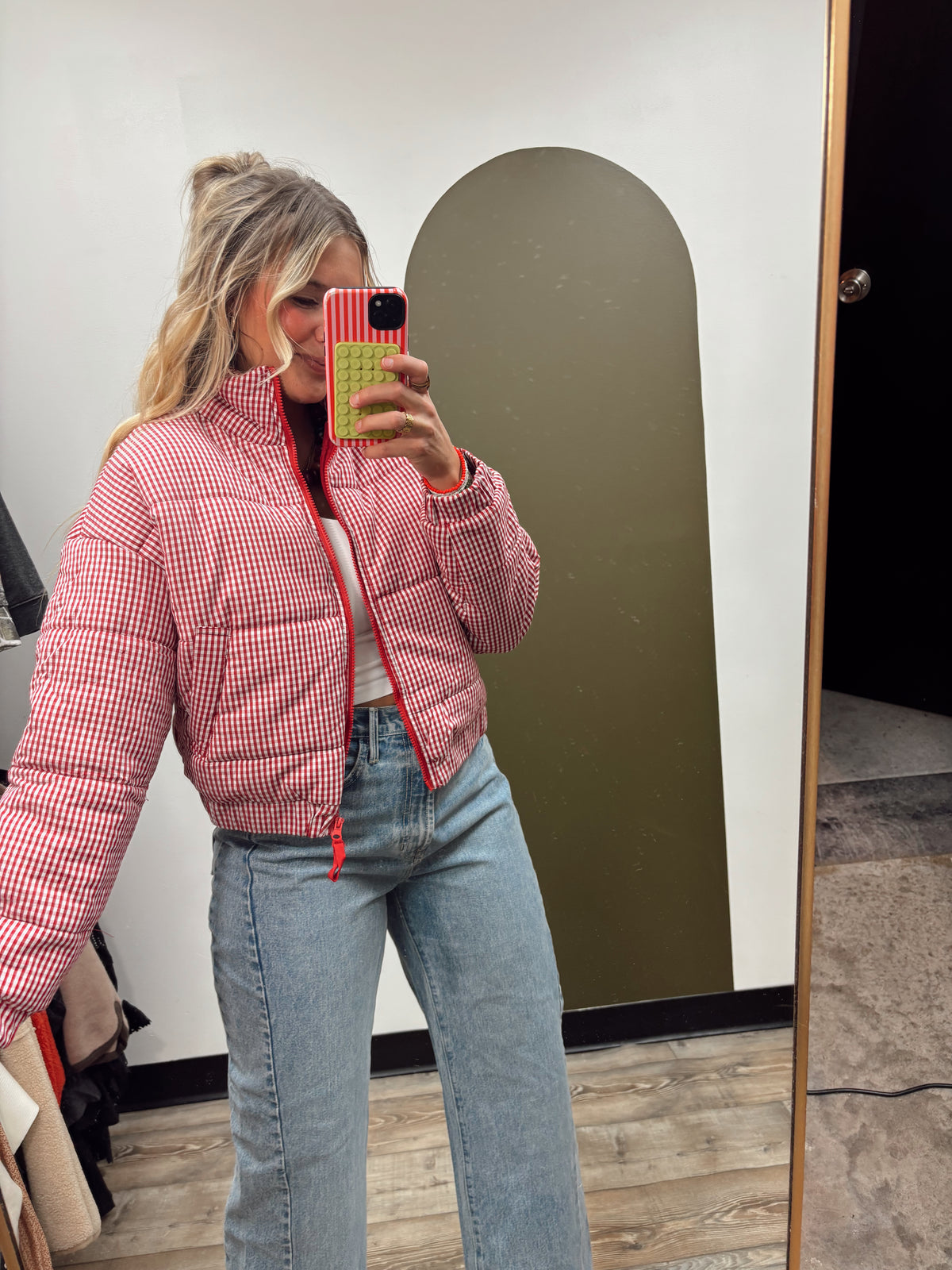Gingham Puffer Jacket (Red)