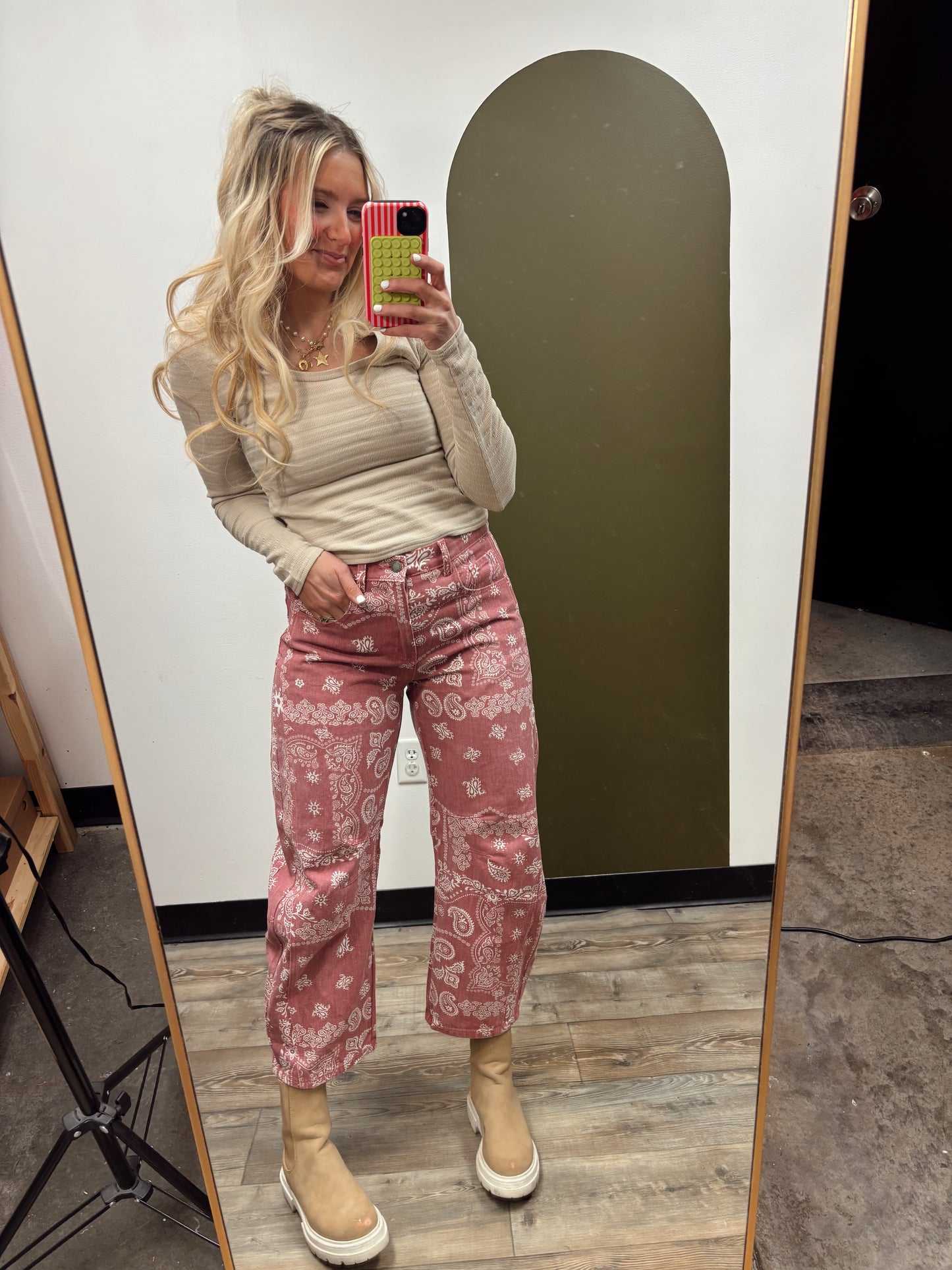 Printed Paisley Denim Pant (Pink)