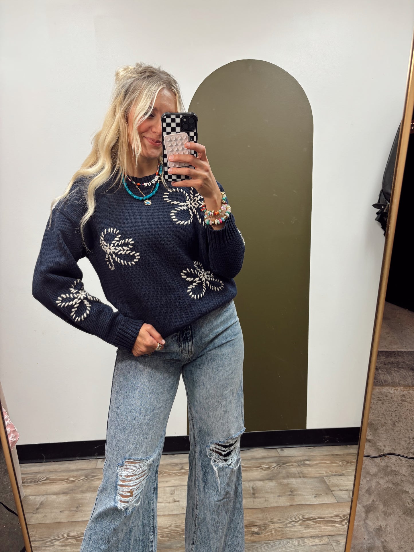 Adaline Flower Stitch Sweater (Navy)