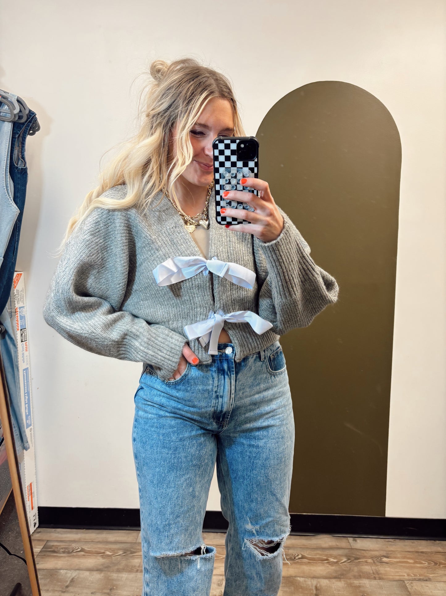 Angelina Bow Tie Cardigan (Grey)