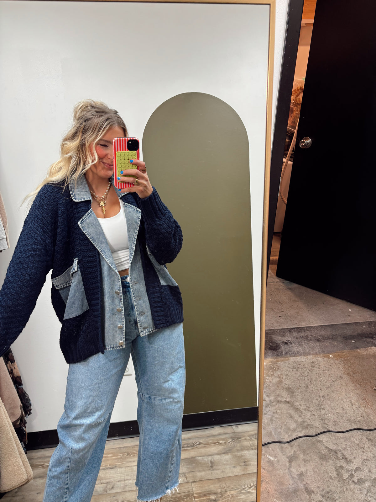 Mix Media Cable Knit Jacket (Navy)