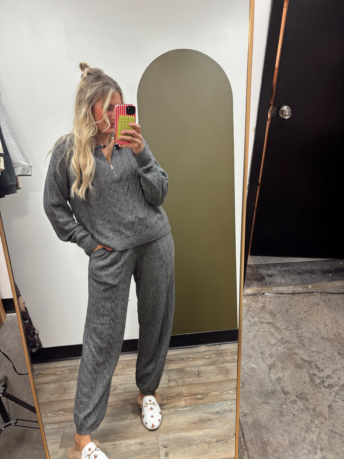 Fallon Cable Knit Zip Sweater (Charcoal)