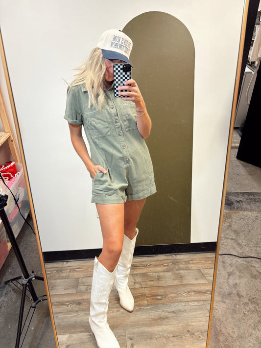 Cali Vibe Denim Romper (Sage)