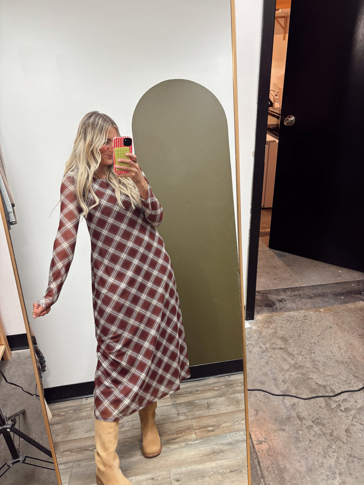 Sheer Plaid Maxi Dress (Rust)