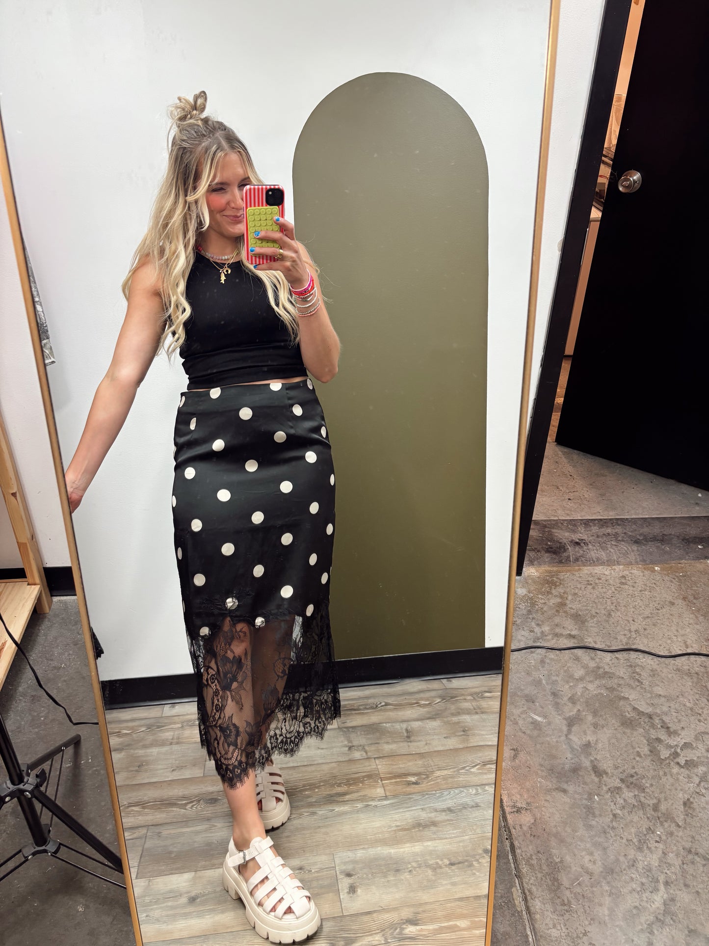 Lace Trim Polka Midi Skirt