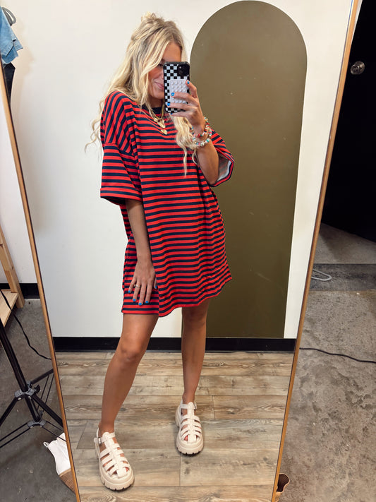 Cynthia Stripe Shirt Dress (Red)