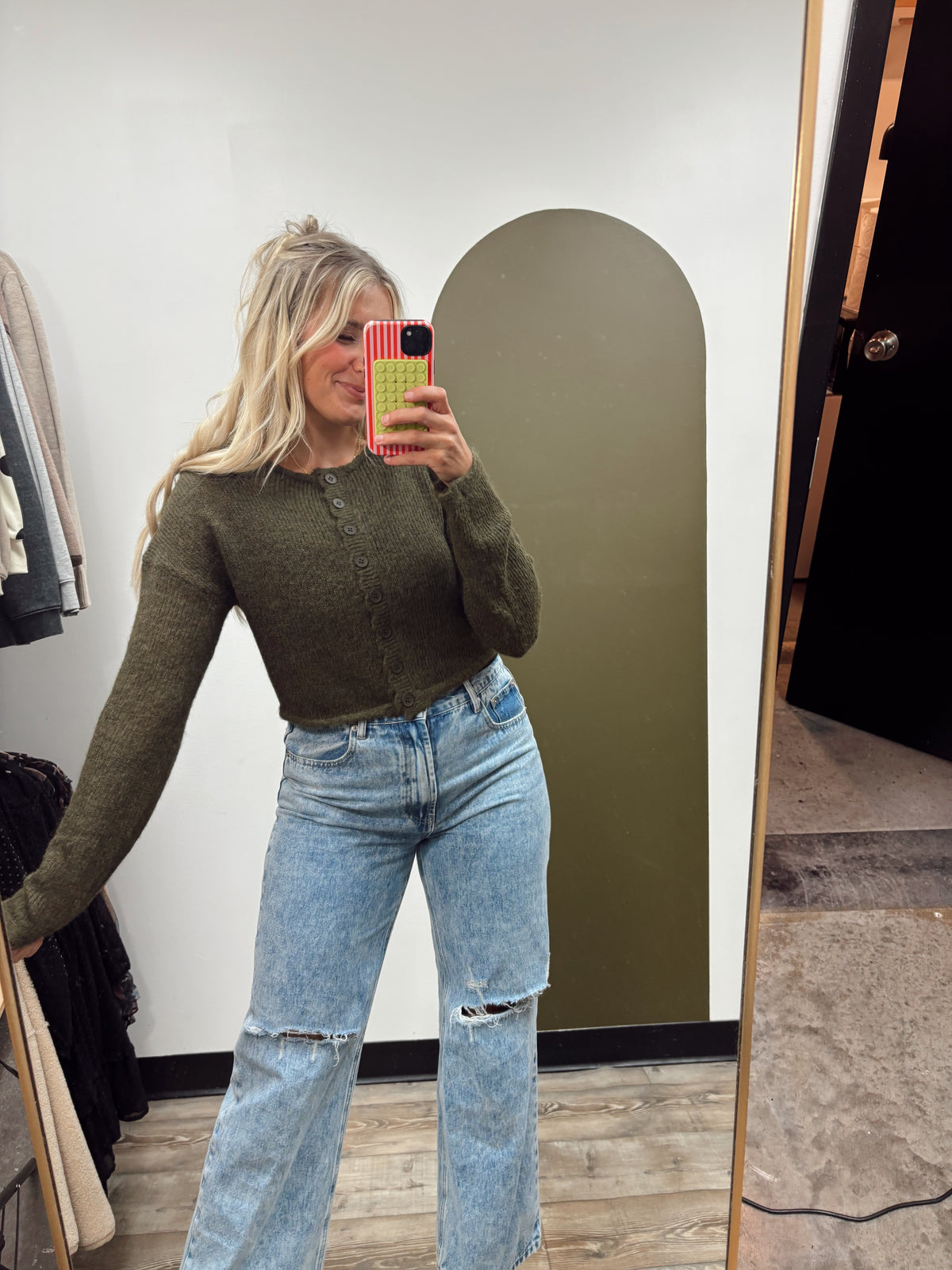 Scallop Fuzzy Button Cardigan (Olive)