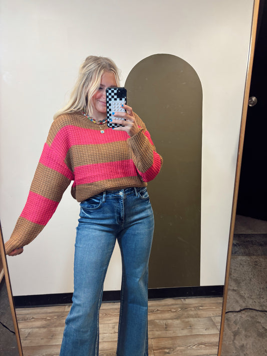 Franceen Stripe Sweater (Camel/Fuschia)