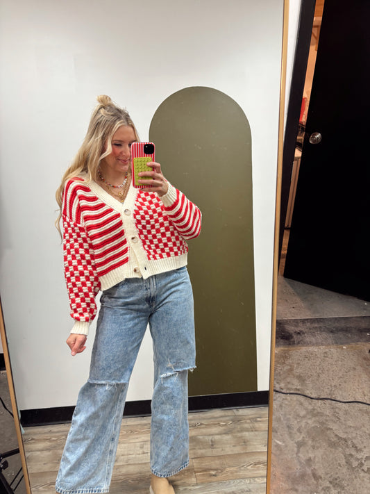 Paris Crop Button Sweater (Red)