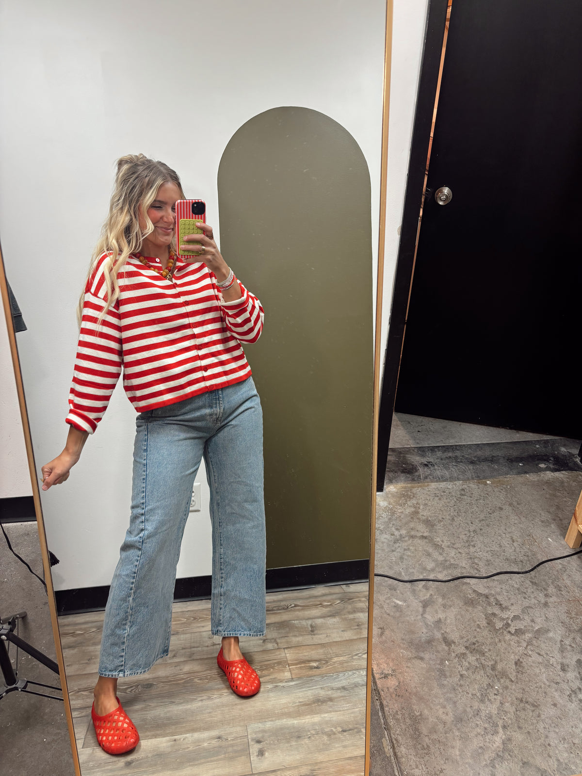 Clare Button Stripe Cardigan (Red)