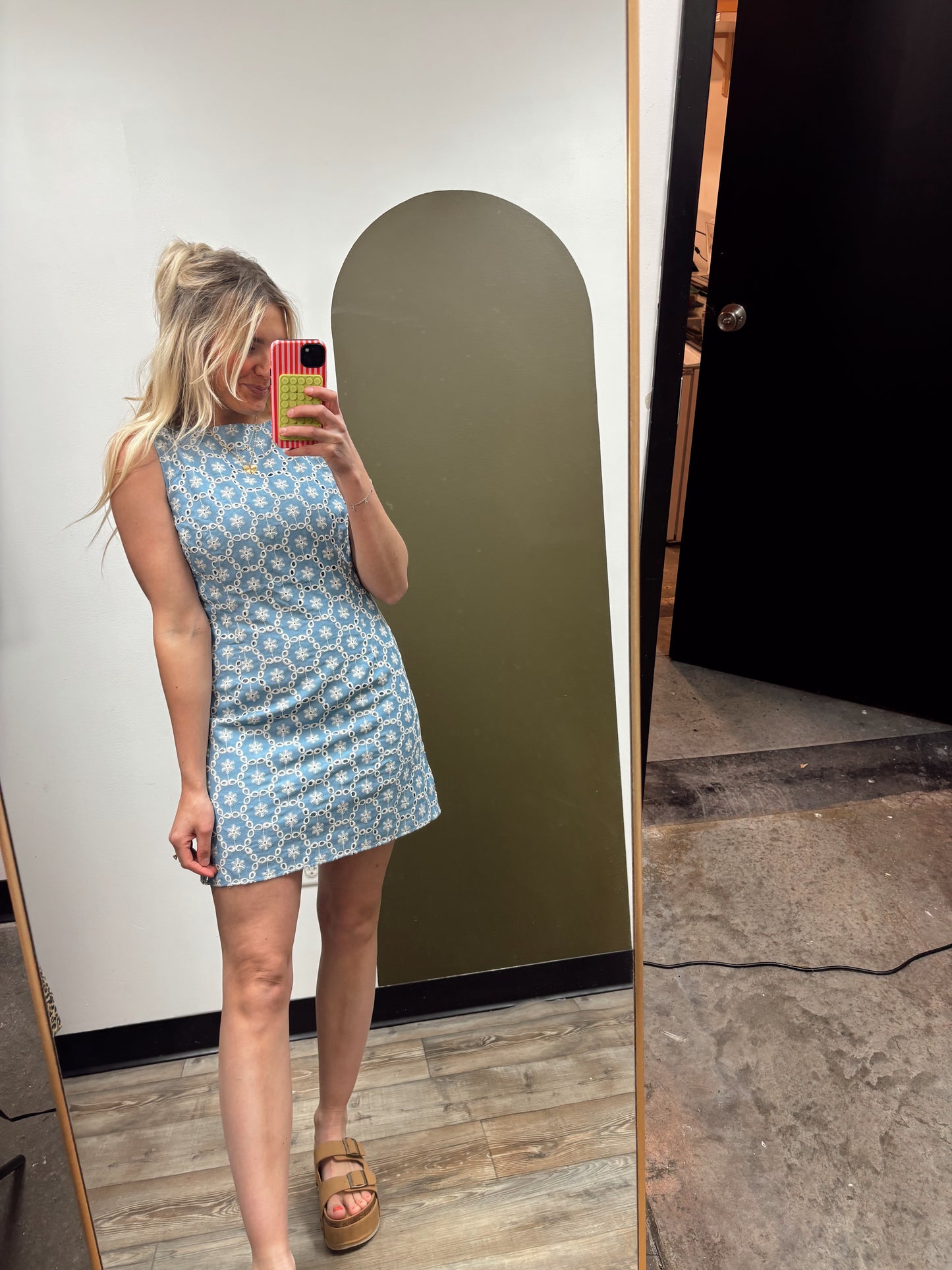 Eyelet Emb Mini Dress (Blue)