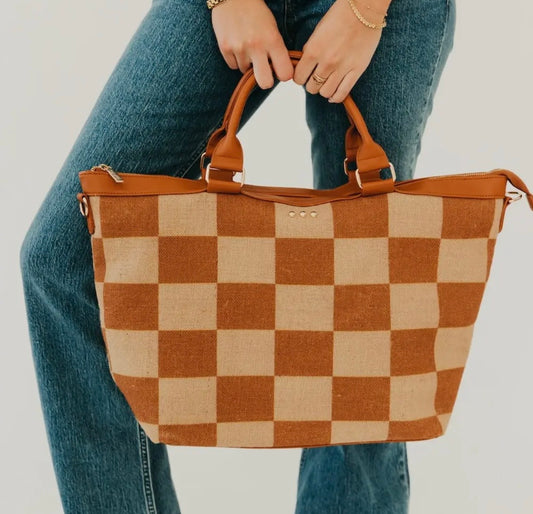 June Jute Tote Bag (Brown Check)