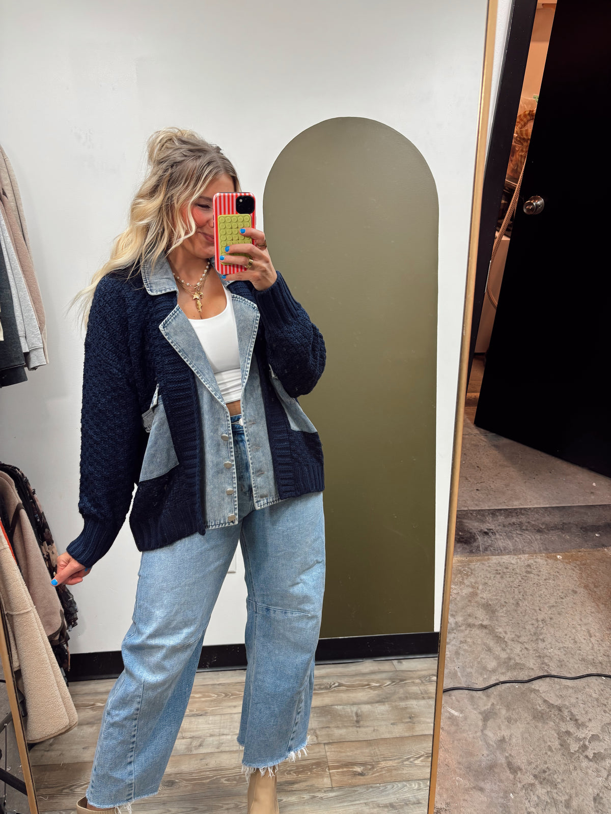 Mix Media Cable Knit Jacket (Navy)