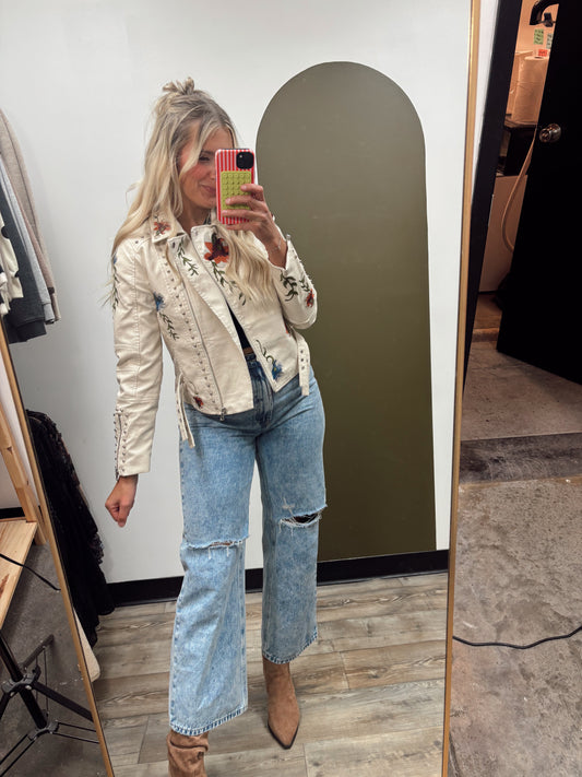 Studded Floral Vegan Leather Jacket