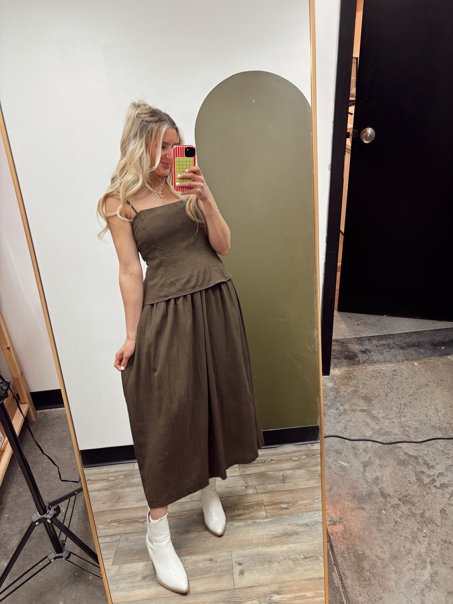 Cami Twofer Midi Dress (Brown)