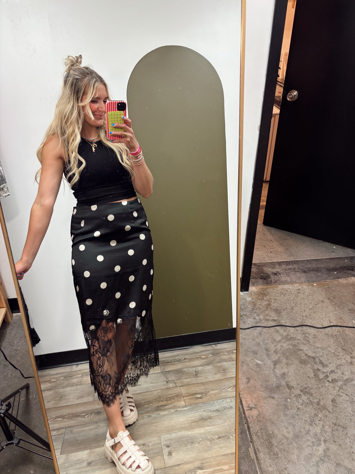 Lace Trim Polka Midi Skirt