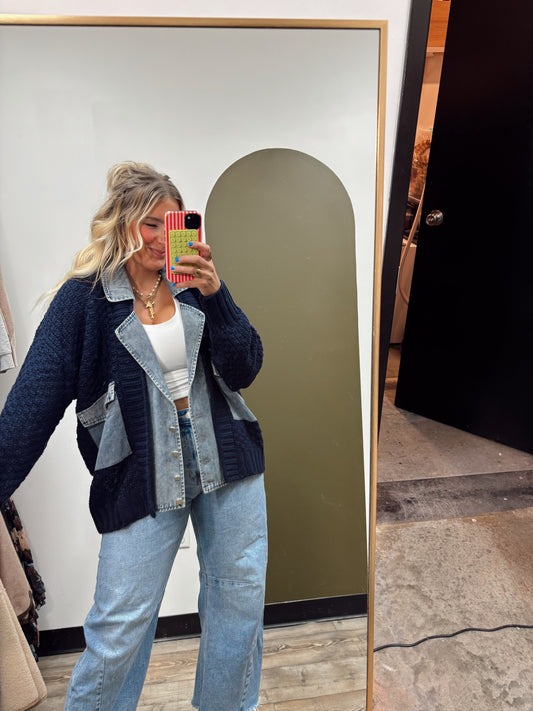 Mix Media Cable Knit Jacket (Navy)