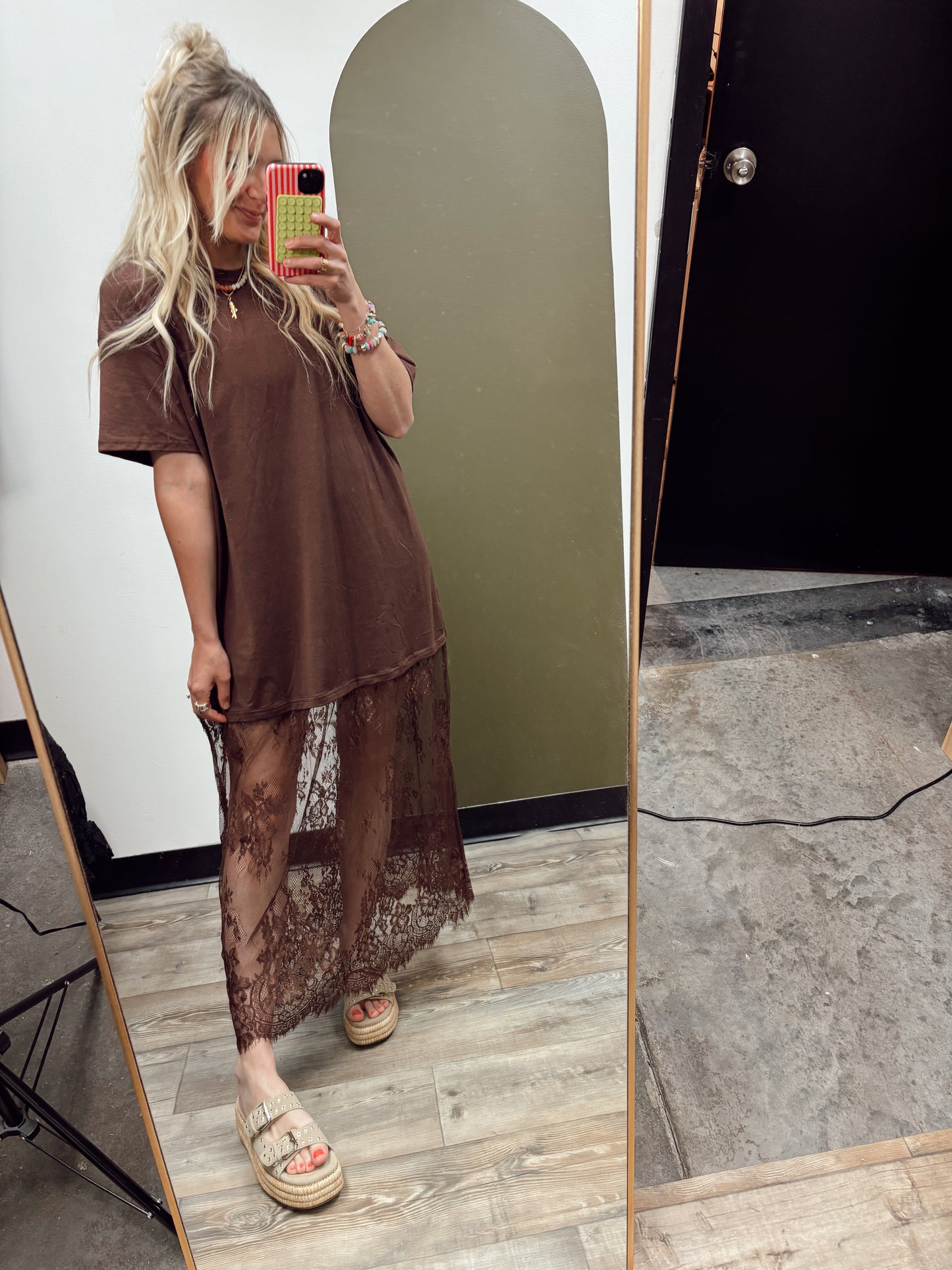 Lace Patchwork Maxi Dress (Brown)