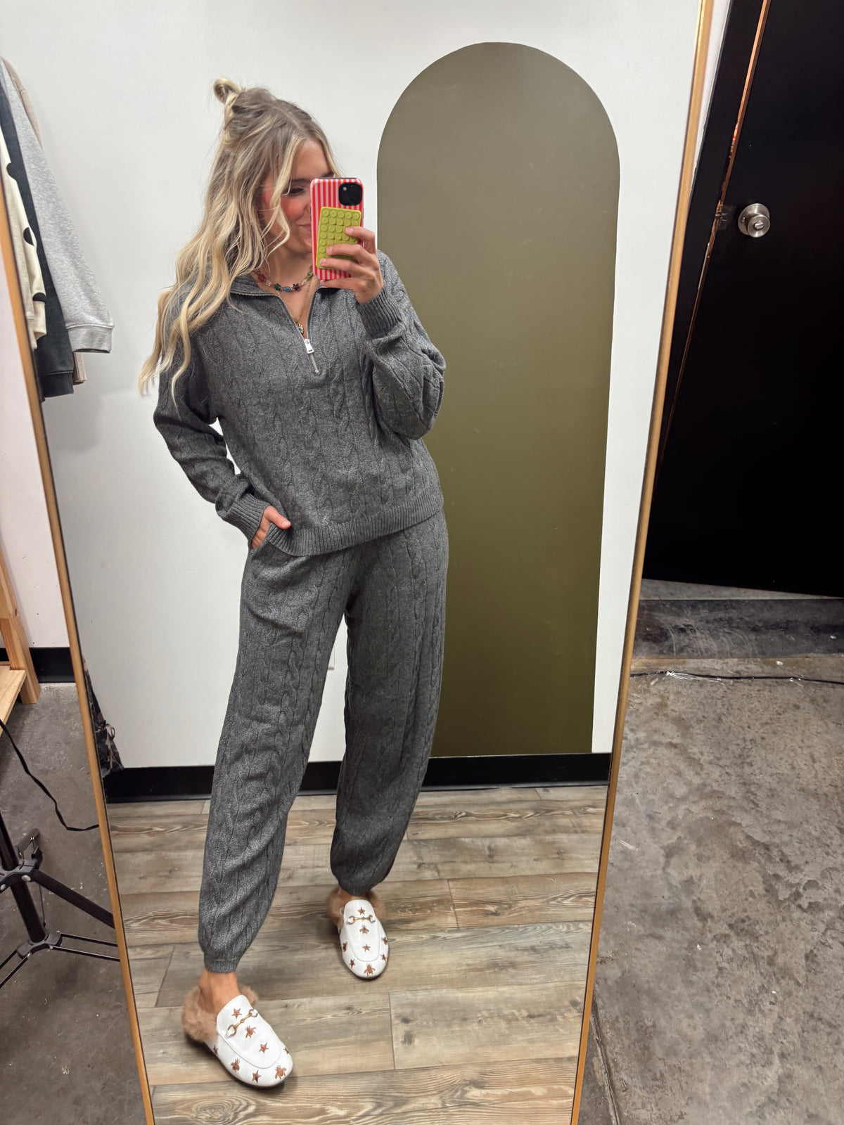 Fallon Cable Knit Zip Sweater (Charcoal)