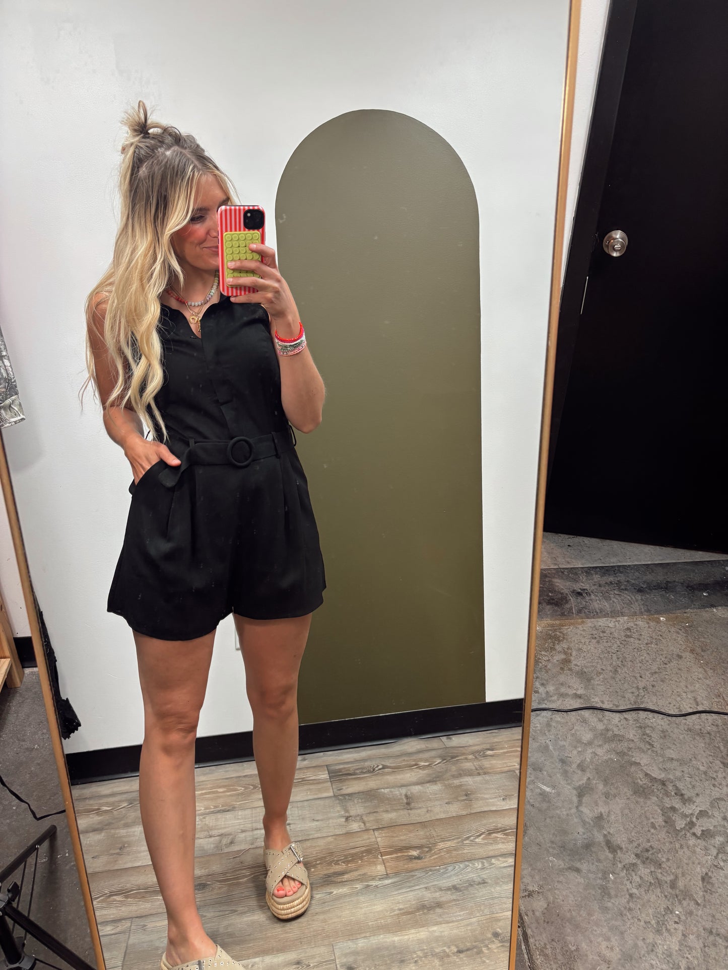 Belted Linen Halter Romper (Black)