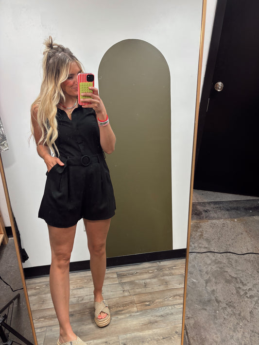 Belted Linen Halter Romper (Black)
