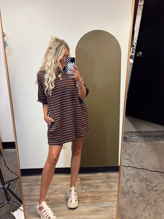 Cynthia Stripe Shirt Dress (Brown)
