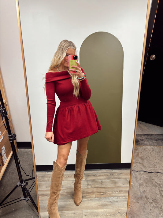 Stephanie Off Shoulder Dress (Crimson)