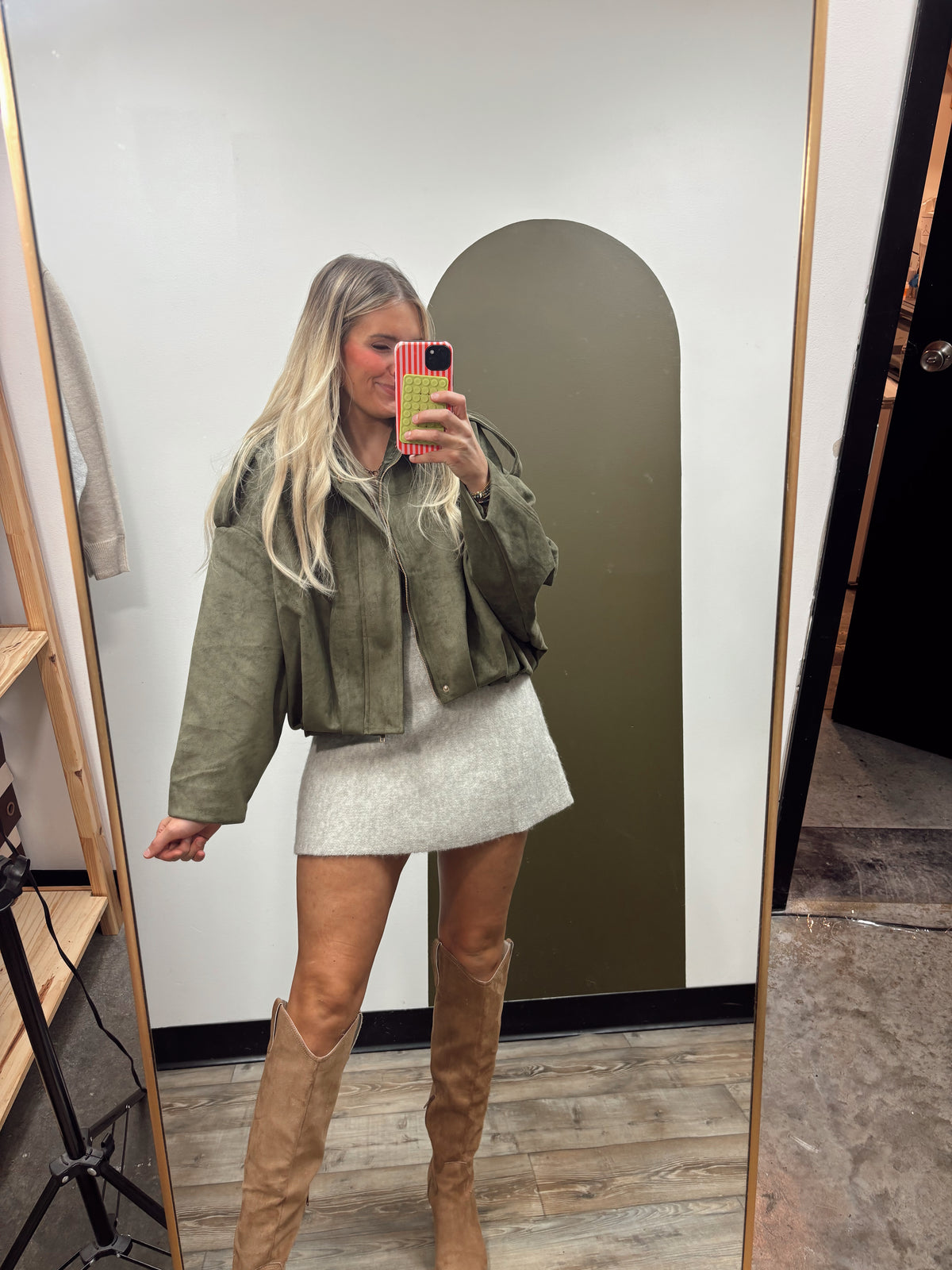 Kira Suede Bomber Jacket (Olive)