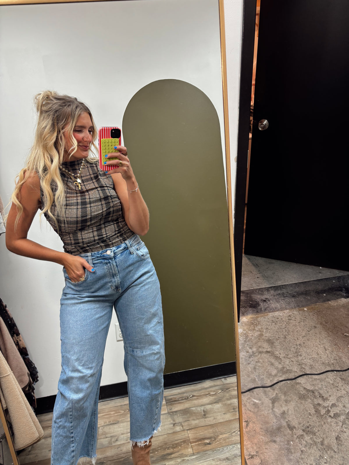 Sheer Slvless Plaid Tank