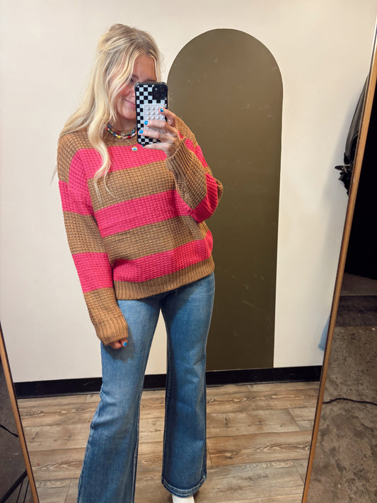 Franceen Stripe Sweater (Camel/Fuschia)