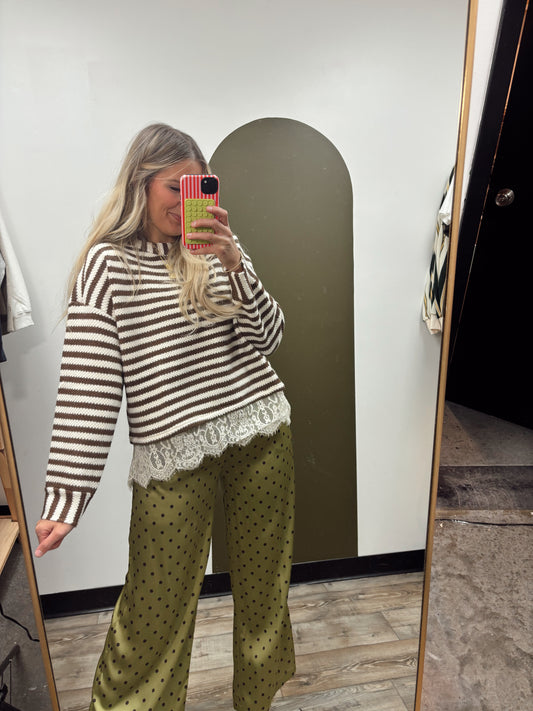 Elenor Stripe Lace Trim Sweater (Brown)